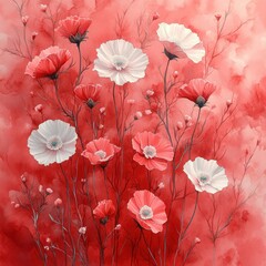 Red and white cosmos flowers on a red watercolor background.