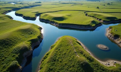 Aerial view of river winding through lush green grassland