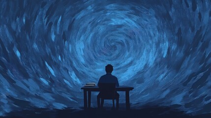 A person sitting at a desk, gazing into a swirling vortex of blue light, symbolizing creativity and inspiration