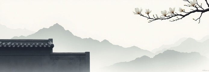 Asian Inspired Minimalist Landscape With Blossoms