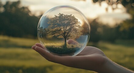 Glass sphere with a green tree held by hand. Blurred field background. Represents environmental care and hope. Visual metaphor for sustainability.
