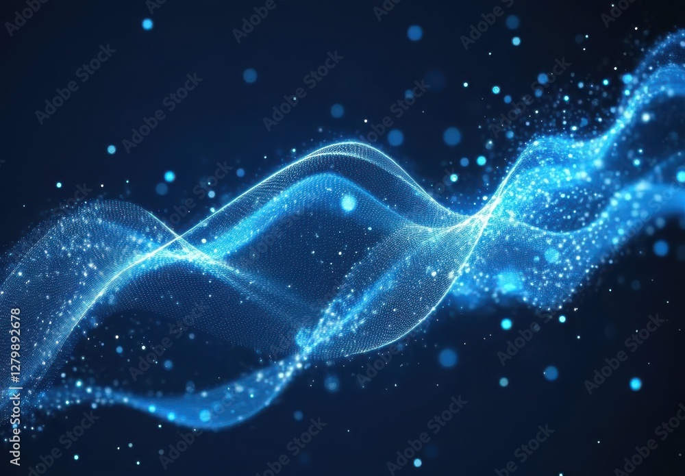Poster abstract digital blue wave with glowing particles and light effects on a dark background, creating a
