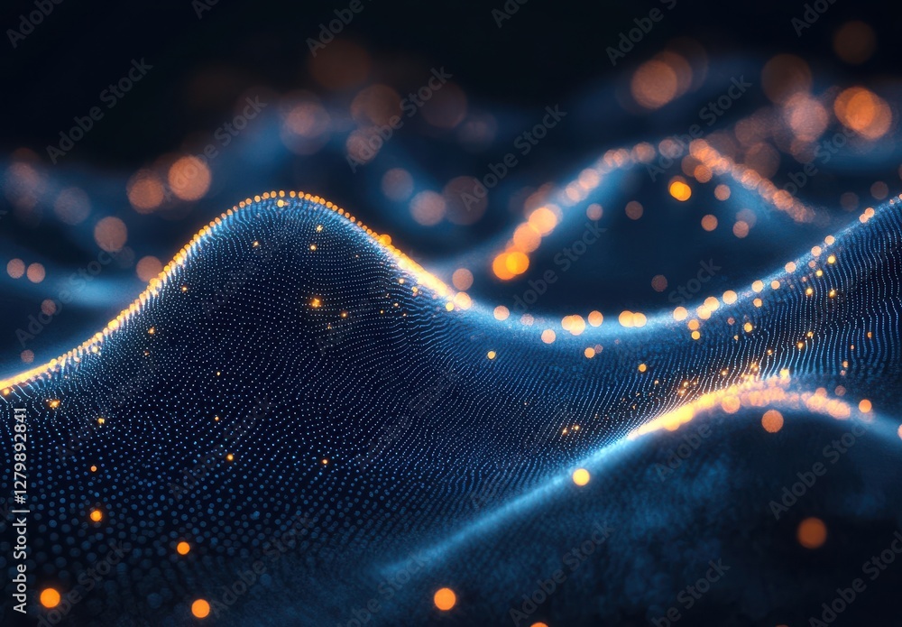 Poster abstract digital landscape with glowing particles and flowing contours, evoking a sense of depth and