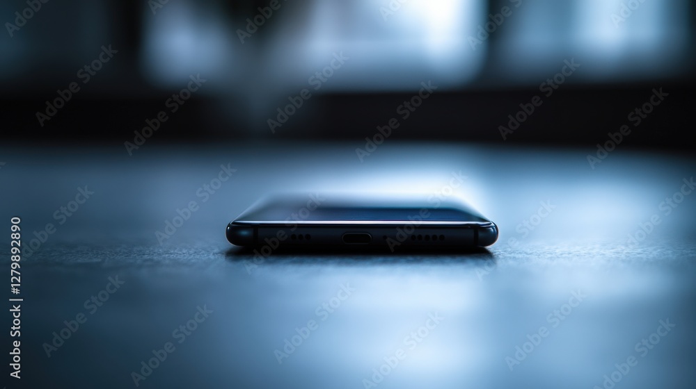 Poster close-up of a smartphone resting on a dark surface with a blurred background and soft lighting