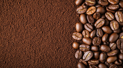 Close up of coffee beans and ground coffee on textured surface, showcasing rich colors and textures that evoke warm, inviting atmosphere