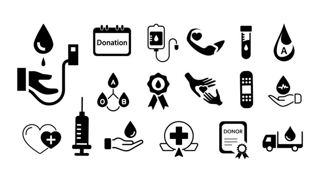 Blood and plasma donation symbols and icons set in black silhouette style