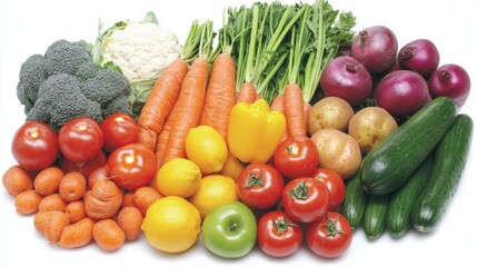 A healthy collection of fresh vegetables and fruits on a crisp white background, symbolizing nutrition and vitality.