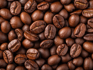 Fototapeta premium Rich brown coffee beans close up, showcasing their texture and shine, perfect for coffee lovers and culinary enthusiasts