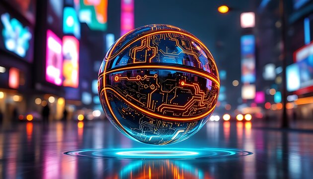 Futuristic Basketball with Circuit Design Floating Above Neon City Surface