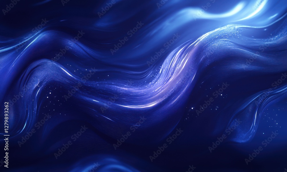 Poster abstract flowing waves in deep blue tones with shimmering stars, creating an ethereal atmosphere and