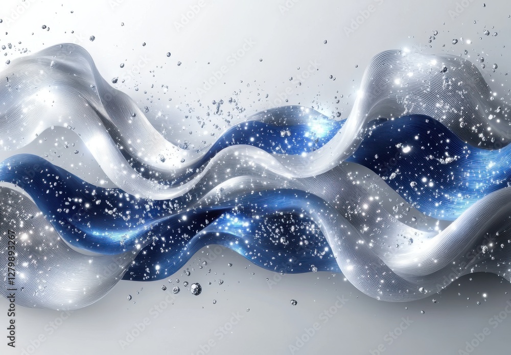 Poster abstract flowing ribbons with water droplets creating dynamic movement and shimmering effects in blu