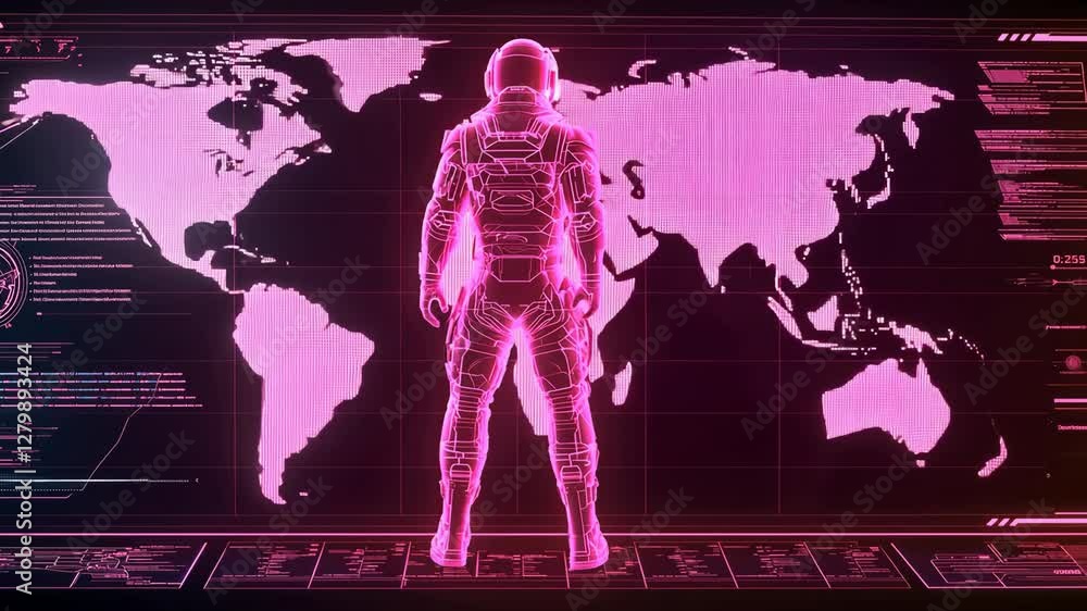 Aufkleber futuristic astronaut in neon pink exploring global technology with digital interface and glowing wor