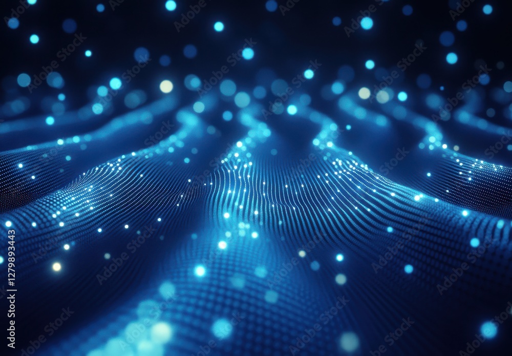 Poster abstract futuristic background with glowing blue waves and sparkling dots, representing technology, 