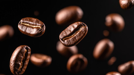 Fototapeta premium Falling coffee beans create dynamic scene against black background, showcasing their rich texture and color. image captures essence of coffee culture and freshness
