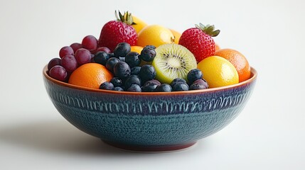 A colorful bowl of fresh fruit glowing against a clean white background