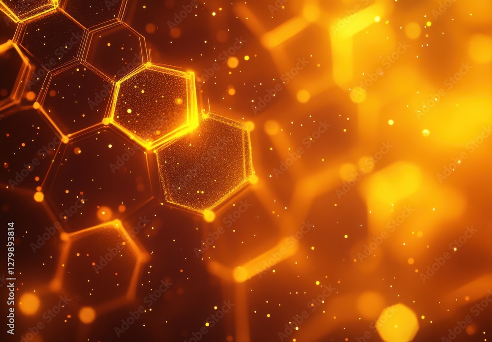 Poster abstract golden hexagonal pattern with glowing particles, light effects, and a warm color scheme for