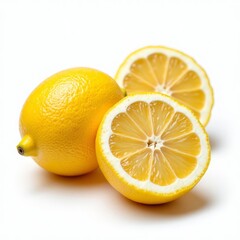 Bright Yellow Lemons Whole and Halved on White