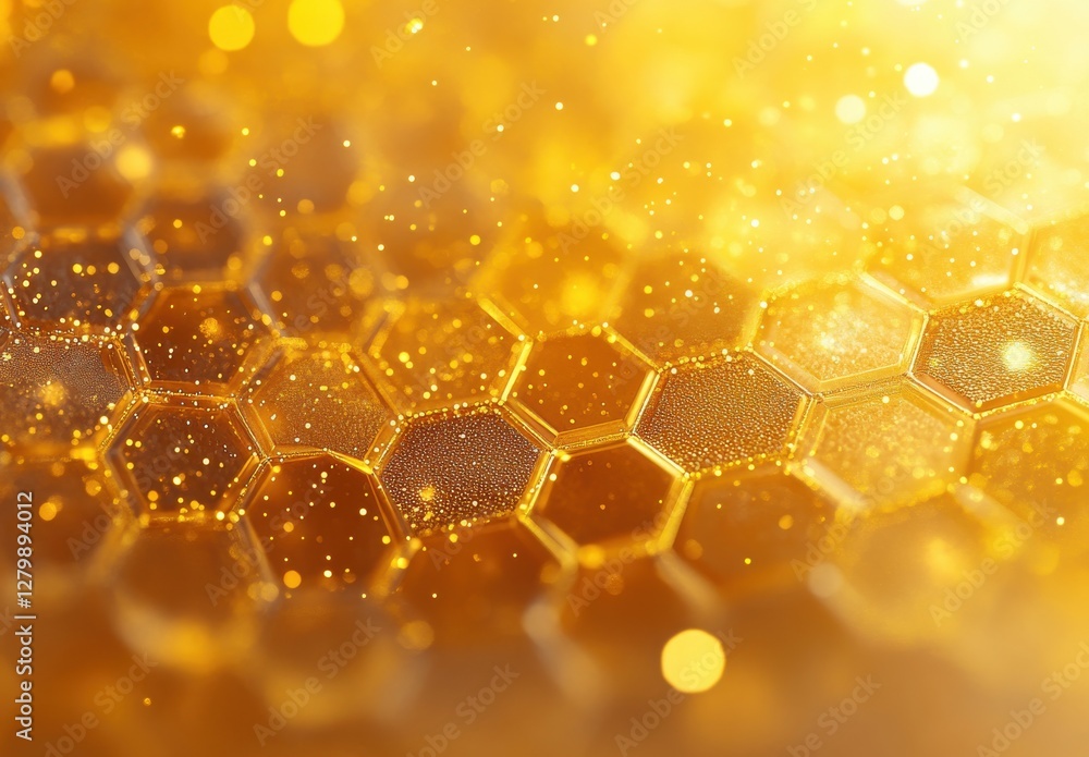 Poster abstract golden honeycomb texture background with sparkling light reflections and bright hues, perfe