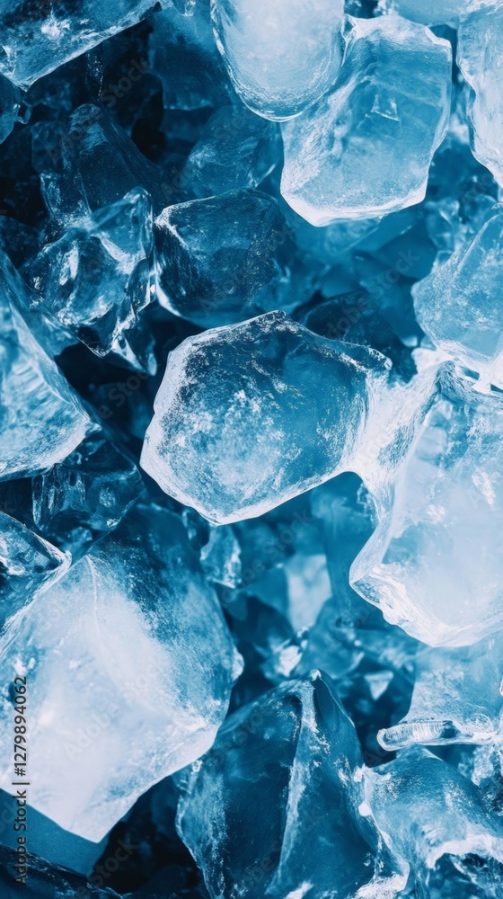 Poster Many ice cubes are frozen and piled up together, creating a cool and refreshing background with deep blue tones, ideal for projects related to coldness, ice, and winter