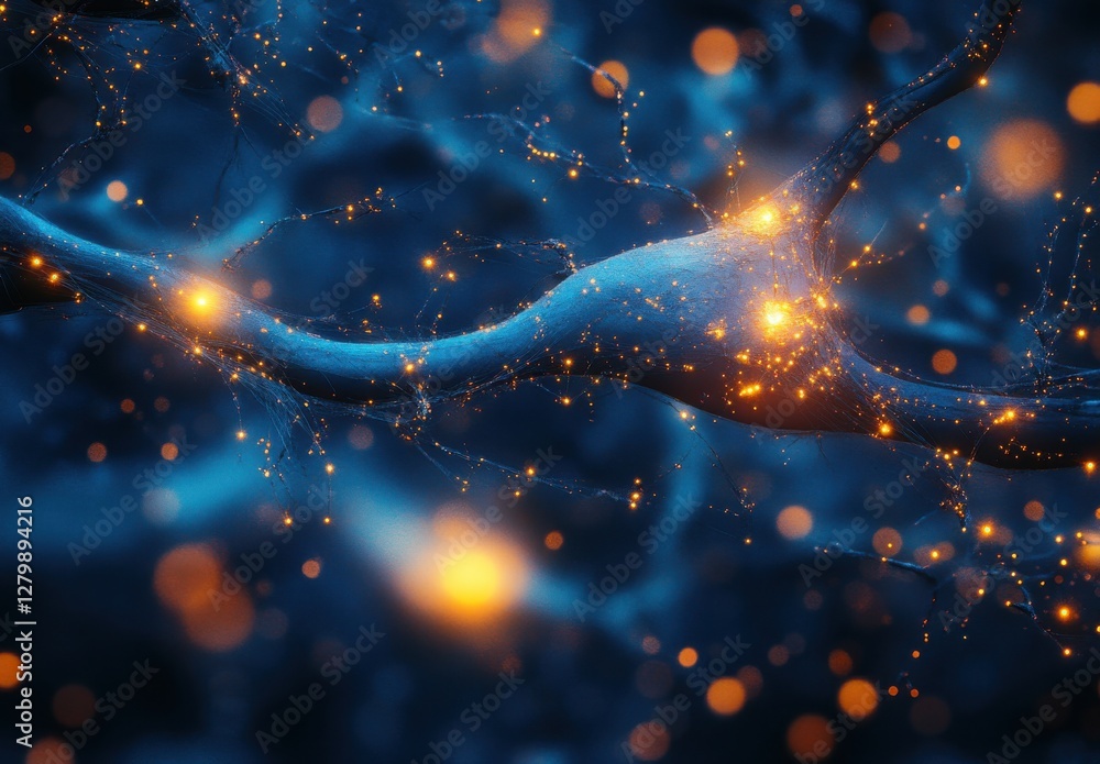 Poster abstract portrayal of glowing neurons interconnected with vibrant lights showcasing the intricate be