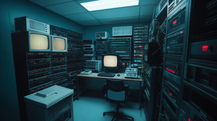 vintage server room filled with CRT monitors, wires, and retro technology, evoking nostalgia and curiosity