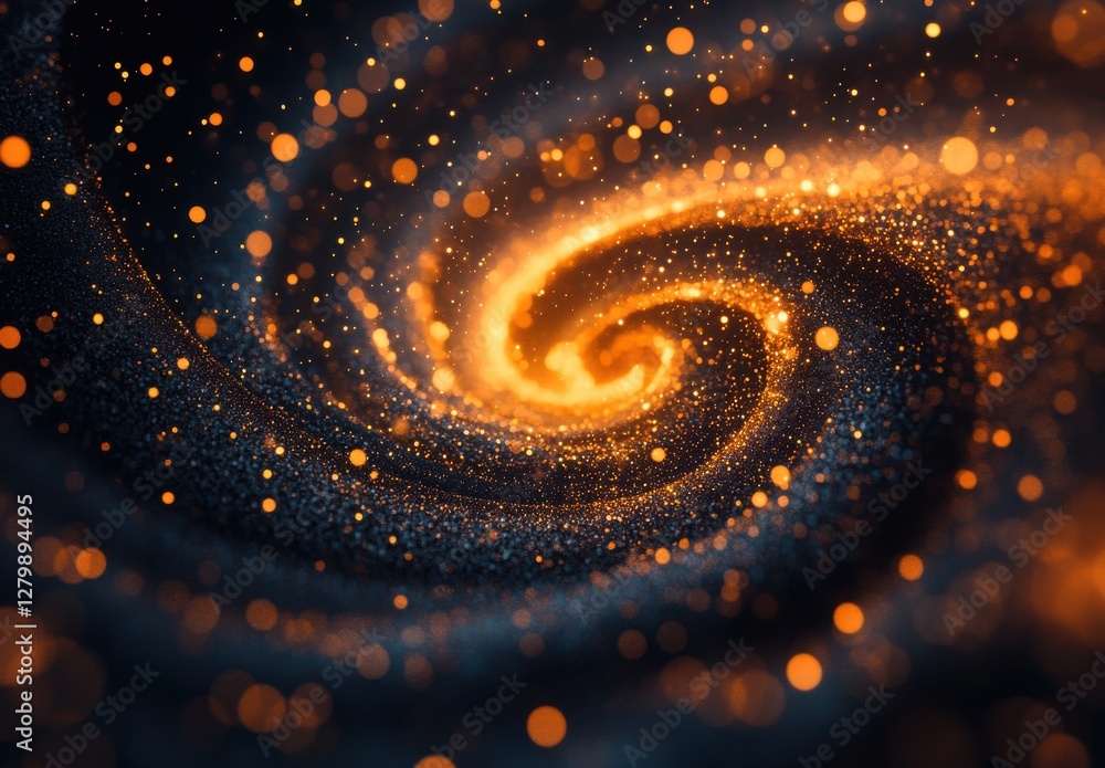 Poster abstract swirl of golden particles and cosmic dust creating a mesmerizing galaxy effect in a dark sp