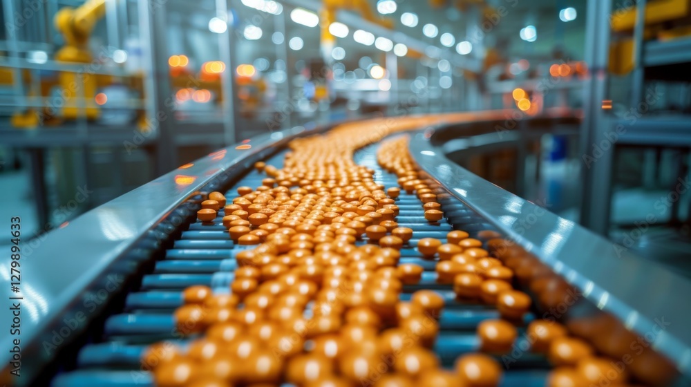Poster orange balls are being efficiently transported on a conveyor belt in a modern manufacturing facility