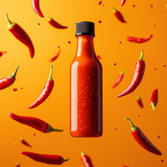Spicy red chili sauce bottle surrounded by fresh red chilies on orange background, creating vibrant and dynamic culinary scene