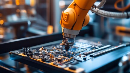 Industrial robotic arm assembling circuit board in a factory