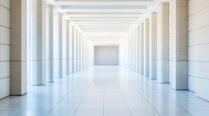 Obraz premium modern corridor with symmetrical columns and bright lighting creates serene atmosphere. clean lines and minimalist design enhance spacious feel of area