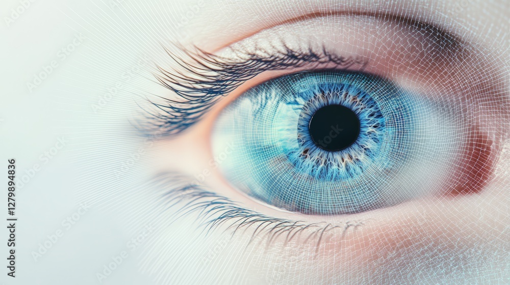 Poster Digital grid pattern overlaying a close up of a blue eye, showcasing potential applications of futuristic vision technology, cosmetology, and surgical enhancements