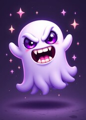 Fototapeta premium Cartoon Ghost with Purple Eyes and Star Sparkles