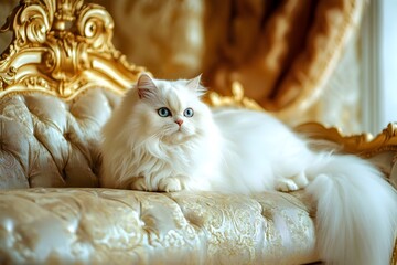 majestic white Persian cat lounging on a luxurious velvet sofa, exuding grace and sophistication