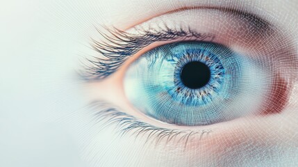 Fototapeta premium Digital grid pattern overlaying a close up of a blue eye, showcasing potential applications of futuristic vision technology, cosmetology, and surgical enhancements