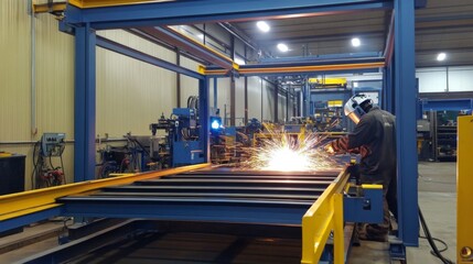 Industrial welder working on metal frame