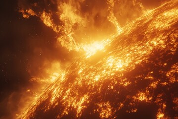 Obraz premium Explosive burst of energy emanating from the center of the sun with fiery swirls