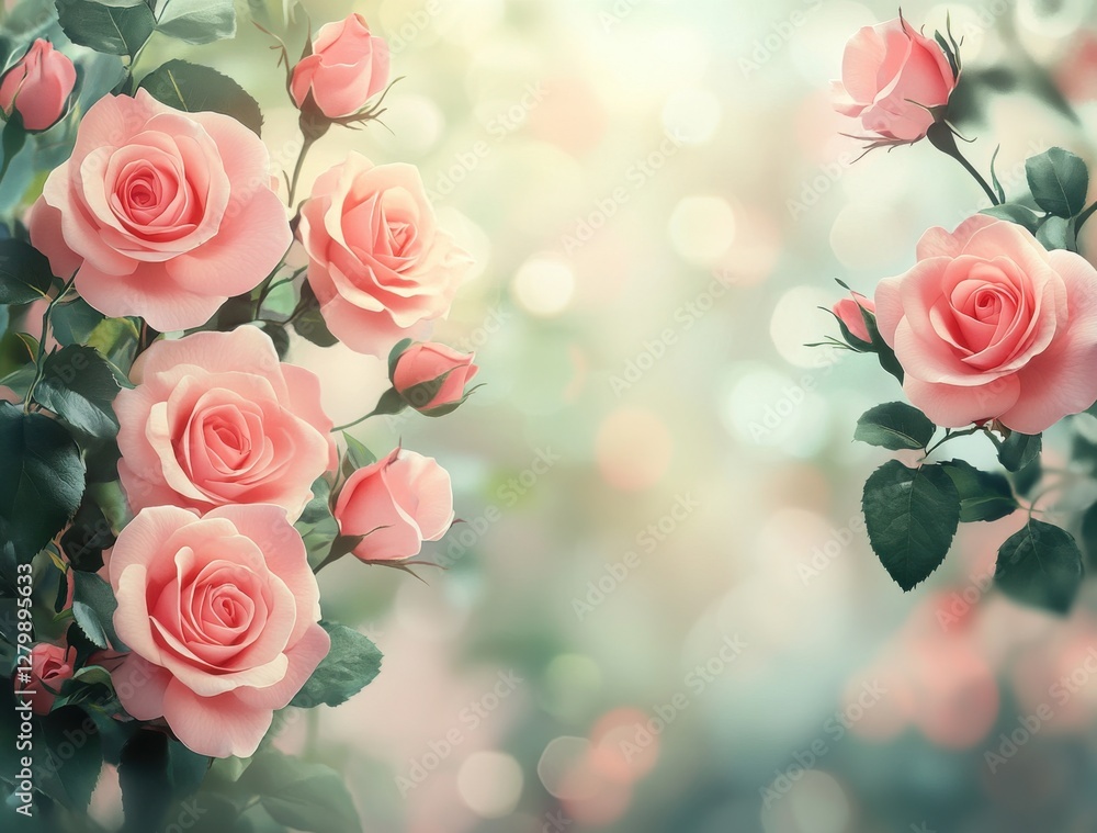 Poster beautiful arrangement of soft pink roses with gentle bokeh background creating an enchanting and rom