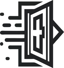 Obraz premium This sleek icon represents an emergency exit, featuring a door with an arrow indicating the direction of escape. The modern design and bold lines create a clear visual message, making it ideal for saf