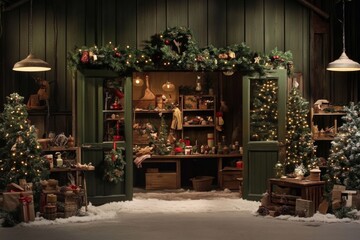 Fototapeta premium A charming Christmas interior featuring a rustic workshop.