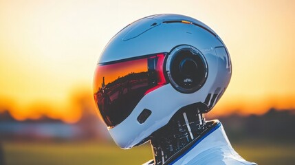 Close-up of a futuristic robot with a sleek helmet reflecting vibrant colors during sunset