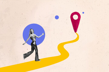 3d sketch poster trend collage image of happy girl run path direction summer vacation map navigator...