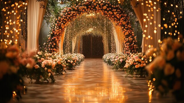 An elegant wedding venue with floral arches and golden lights, romantic and dreamy