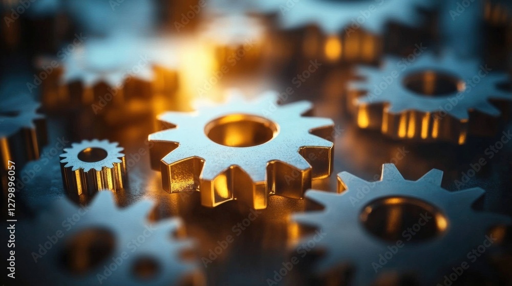 Poster close-up view of interlocking golden gears with a soft glow, showcasing intricate mechanics