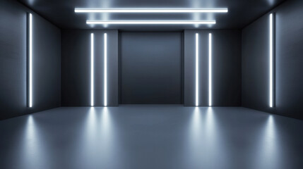 modern minimalist interior featuring dark room with bright LED lights illuminating walls and floor, creating sleek and contemporary atmosphere