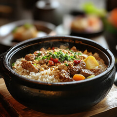 A delicious bowl of beef stew with vegetables and rice, featuring fresh tomatoes, peppers, and green beans, perfect for a healthy lunch or dinner