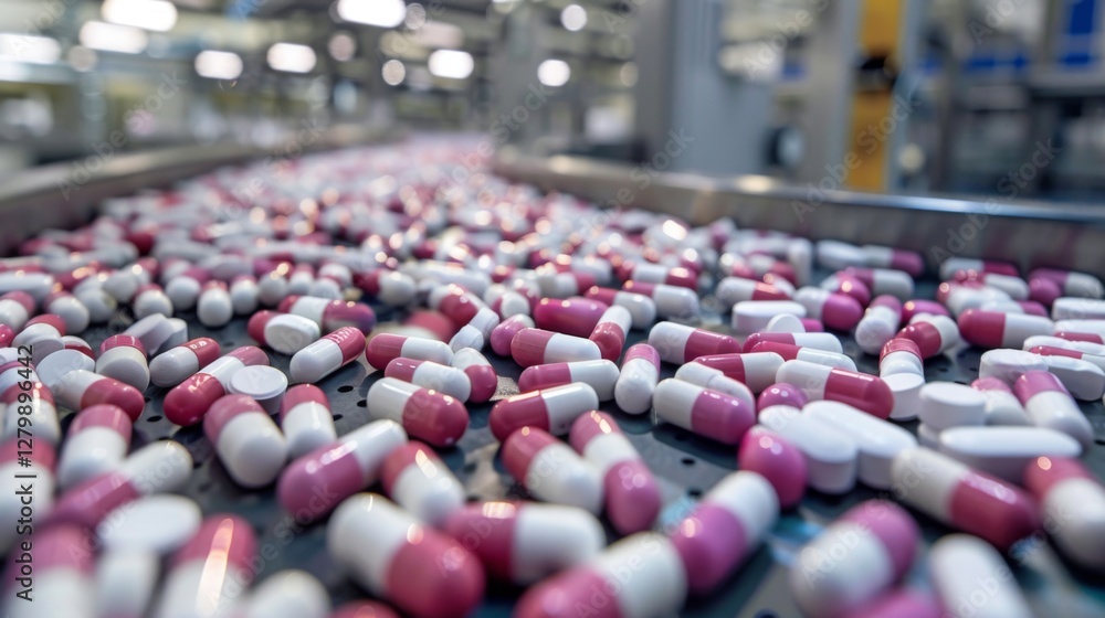 Poster a large quantity of pink and white capsules is seen moving along a conveyor belt in a production lin