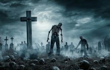 Obraz premium A chilling scene of zombies rising from the shadows.