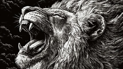 Playful lion: engraved woodcut style with intricate fur detail in AI raster illustration