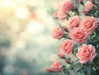 Obraz premium Beautiful Pink Roses Surrounded by Lush Green Foliage with a Soft Dreamy Background and Gentle Bokeh Effect for Floral and Nature Inspiration