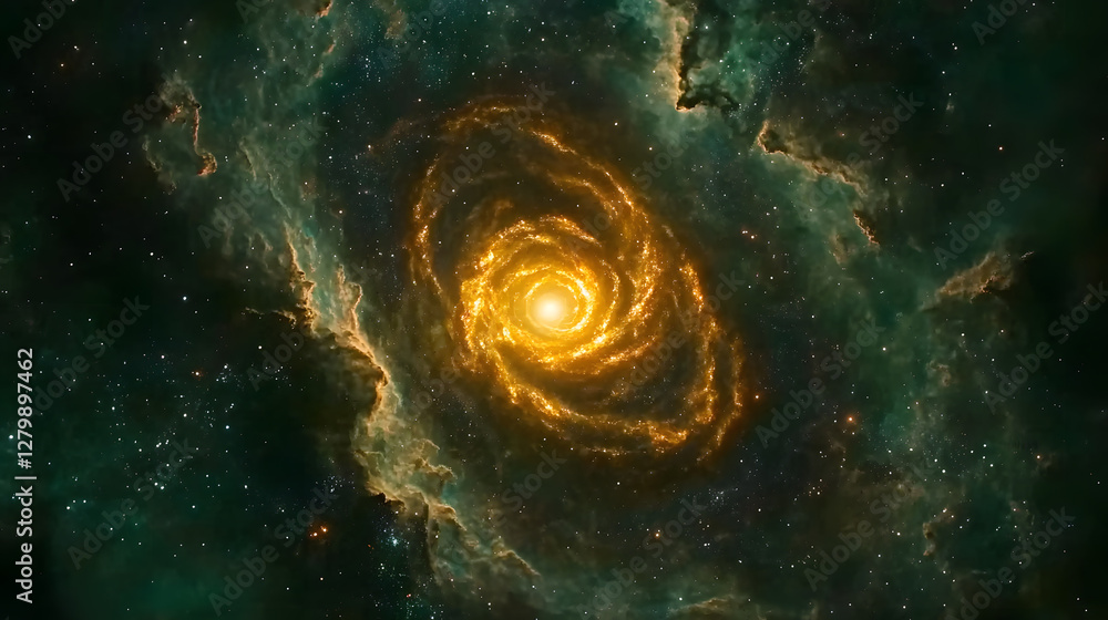 Poster a mesmerizing cosmic swirl of golden light and dark nebulae fills the frame. stars twinkle in the de